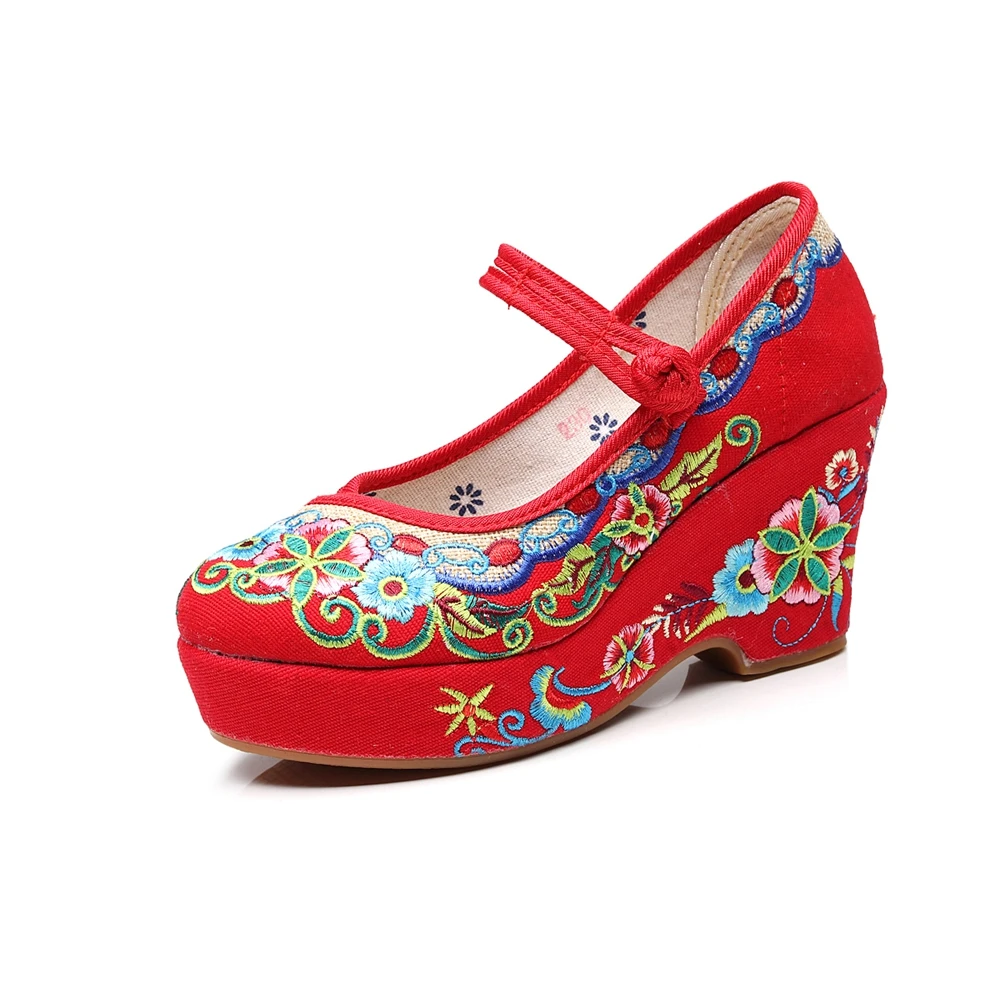 

Red & Black Bottom 8 cm High Heels Women Shoes Chinese Ethnic Embroidery Wedding Shoes Old Peking Pumps Buckle Strap Fei Yan Cao