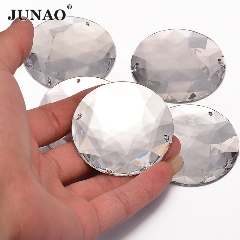 JUNAO 52mm Big Clear White Crystal Sewing Rhinestones Acrylic Beads Flatback Strass Crystals Applique Round Stones for Clothes | Дом и сад