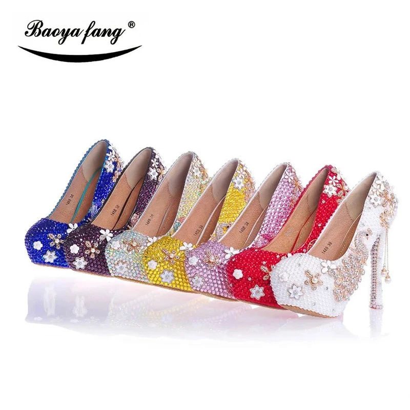 

14cm high heels Platform shoes Women Wedding shoes Bride High Pumps real leather insole Luxury Peacock crystal shoes