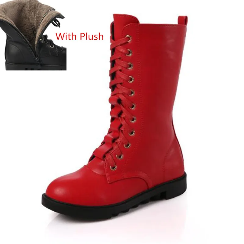 Новые осенне-зимние сапоги из натуральной кожи Высокие сапоги до середины икры для девочек детская обувь принцессы теплые плюшевые зимние сапоги для детей 018 - Цвет: Red With Plush