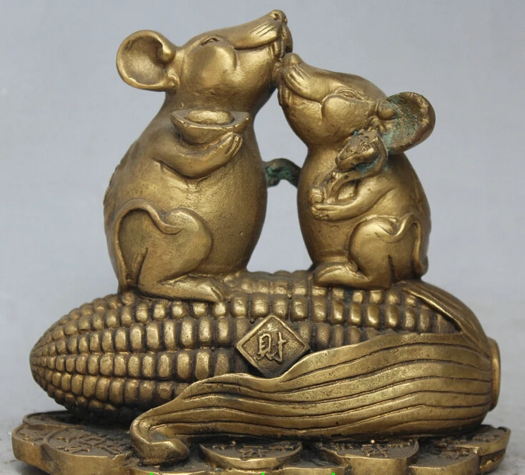

5" Chinese Brass Zodiac Year 2 Mice Mouse Rice Wealth YuanBao RuYi Corn Statue S0706 Discount 35%