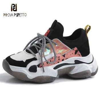 

Prova Perfetto New Fashion Lace up Women Shoes Leather Horsehair Platform Sneakers Women Round Toe Casual Shoes Mesh Dad Shoes