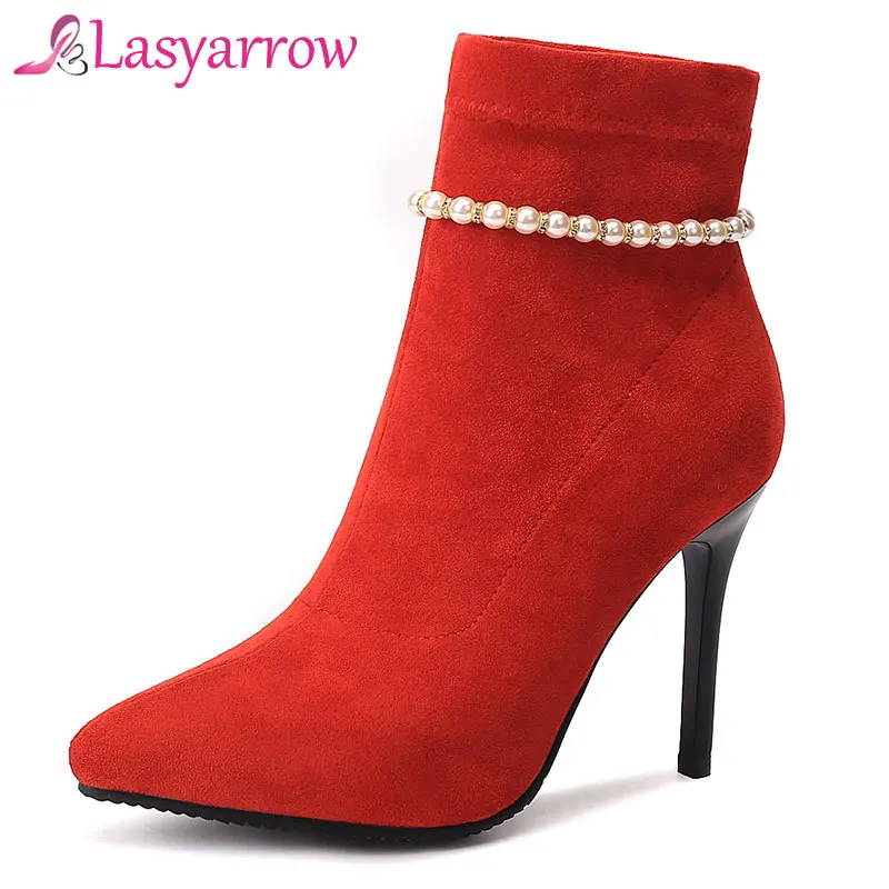 

Lasyarrow Bota Feminina String Beading Slip-on Heels Women Shoes High Stiletto Heels Ankle Boots For Woman Pointed Zapato Mujer
