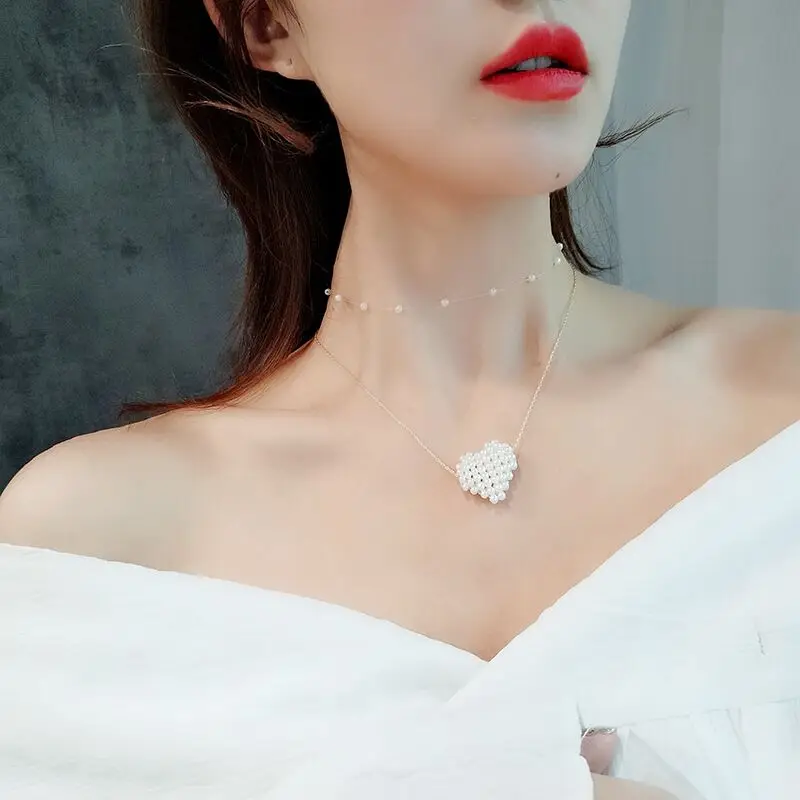 MENGJIQIAO 2019 корейский новый элегантный двойной слой сердце круг мяч имитация жемчужное ожерелье для женщин Невидимый рыбы линии чокер