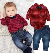 2 шт.! г. Осенняя рубашка в клетку с длинными рукавами для маленьких мальчиков красный топ+ джинсы, штаны, комплект одежды