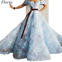 Мода Голубой тюль платья знаменитостей трапециевидной формы с открытыми плечами молния сзади Вечерние платья для красной дорожки с 3D цветами