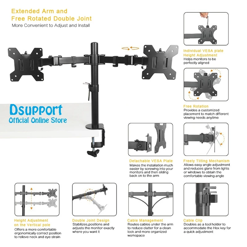 

Desktop Clamping Full Motion 360 Degree Dual Monitor Holder 10"-27"LCD LED Monitor Mount Arm Loading 9.9kgs Each Head