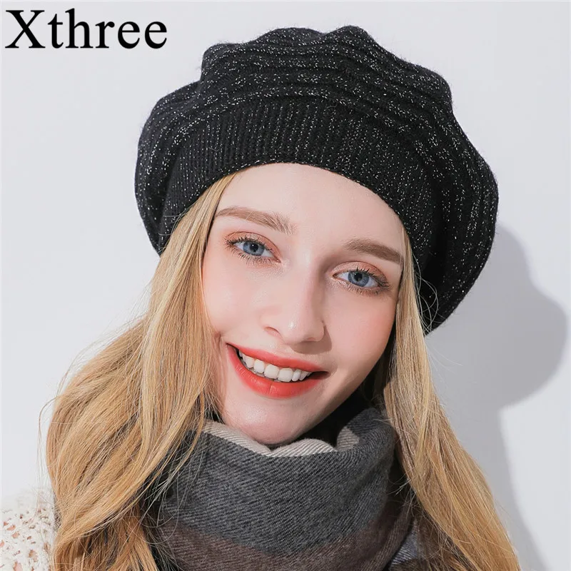 

Xthree Women winter hat Cashmere beret hat Bright silk thread knitted hat Rabbit fur beret for girl fashion lady cap