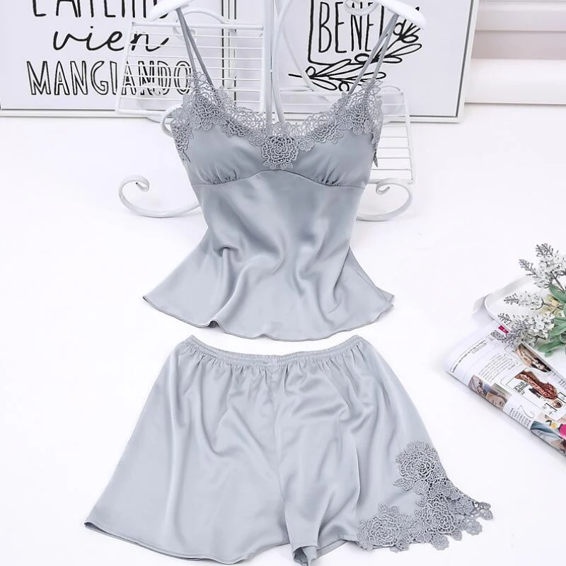 

Summer Pajamas Woman Spaghetti Strap Satin Solid Embroidery Flowers V-neck Sleeveless Sexy Camisole And Shorts Sets