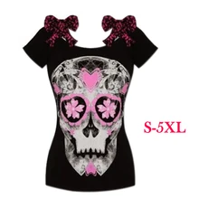 2017 Summer Women Short Sleeve Slash Neck Skull 3D Digital Print Loose T Shirt Women Casual T Shirt Fashionable Cute Tops