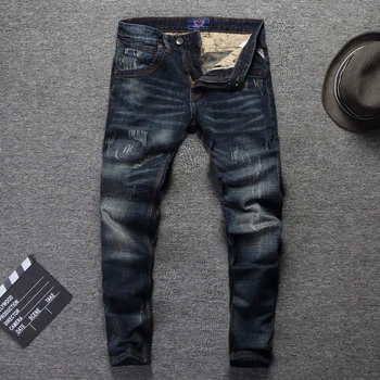 

Italy Vintage Style Fashion Men Jeans Dark Blue Classical Denim Pants 98% Cotton Ripped Jeans homme Streetwear Hip Hop Jeans Men
