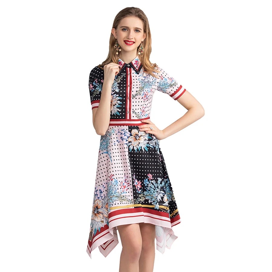 AELESEEN Роскошные модные женские туфли летнее платье отложным воротником короткий рукав горошек Цветочный принт нерегулярные летнее платье для подиума