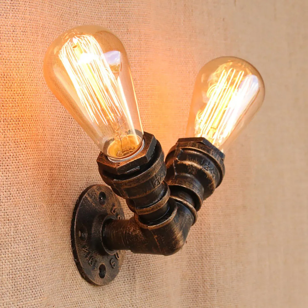 

Loft Industrial 2 lights iron rust Water pipe retro wall lamp Vintage e27 sconce lights for living room bedroom restaurant bar