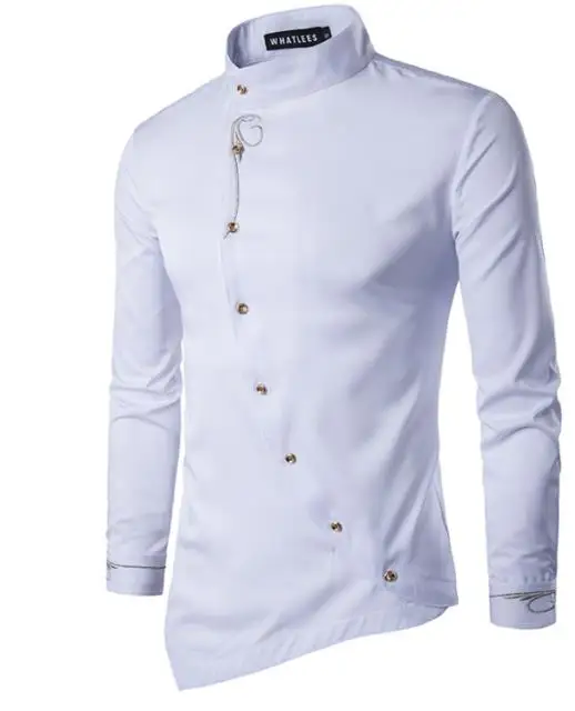 Брендовая модная мужская рубашка с длинным рукавом, топы, индивидуальная косая пуговица, Необычные высококачественные мужские рубашки, приталенная мужская рубашка - Цвет: Белый