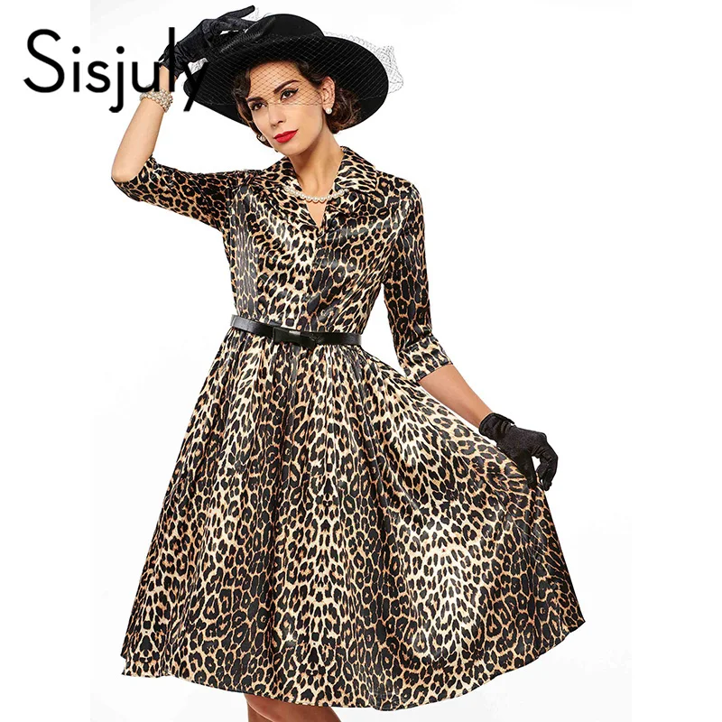 Sisjuly women high quality dress leopard print half sleeve a line with