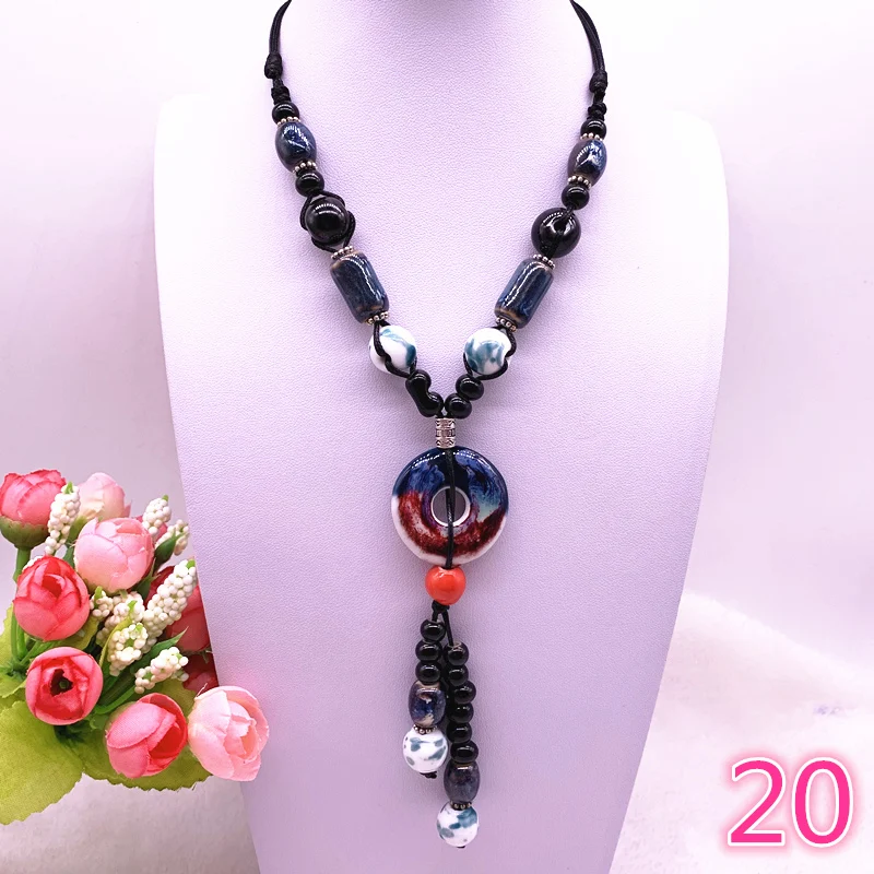 

Fashion Ethnic Jewelry Traditional Handmade Ornaments Weave Wax Rope Ceramics Necklace Ceramics Beads Pendant Long Necklace #20