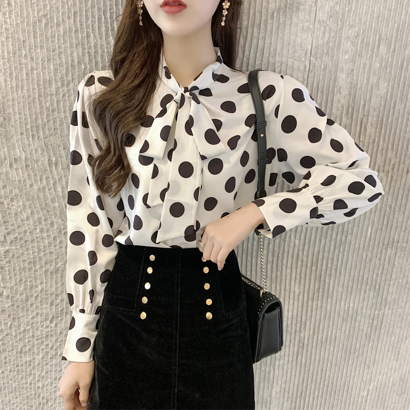 

Vintage Women Spring Black White Polka Dot Print Bow Tie Chiffon Shirt OL Lady Loose Full Sleeve Blouse Top Blusa Work Wear