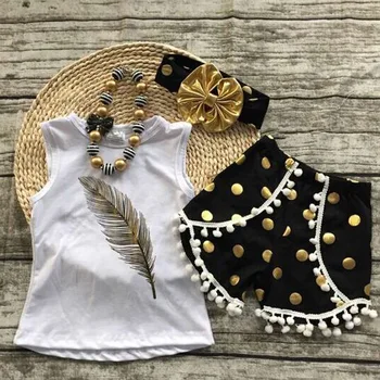 

Children Clothes Summer Kids Toddler girl feather printed t-shirts +tassel dot shorts+dot headband 3 pcs sets baby clothing