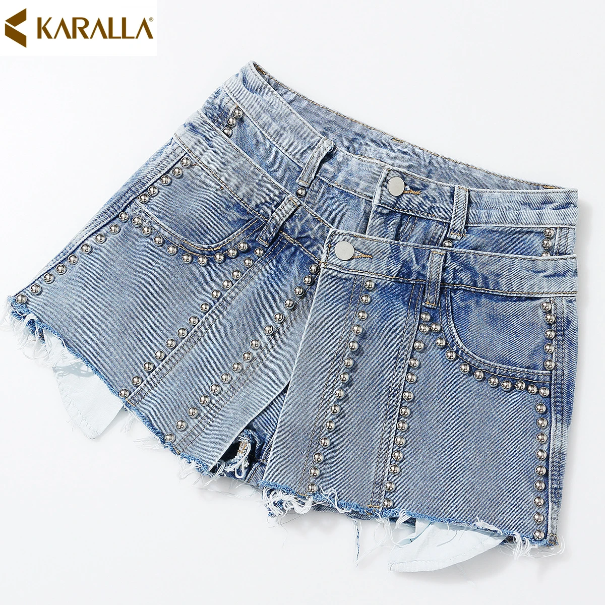 

New Arrival 2019 Summer Faux Two-piece High-waisted Denim Shorts Fashion Women Studded Beading Wide Legs Shorts C1405
