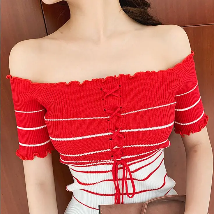

Summer Sweet Sexy Ruched Striped Slash Neck T-shirts Women Short Sleeve Lace Up Slim Knit Tshirt For Girls