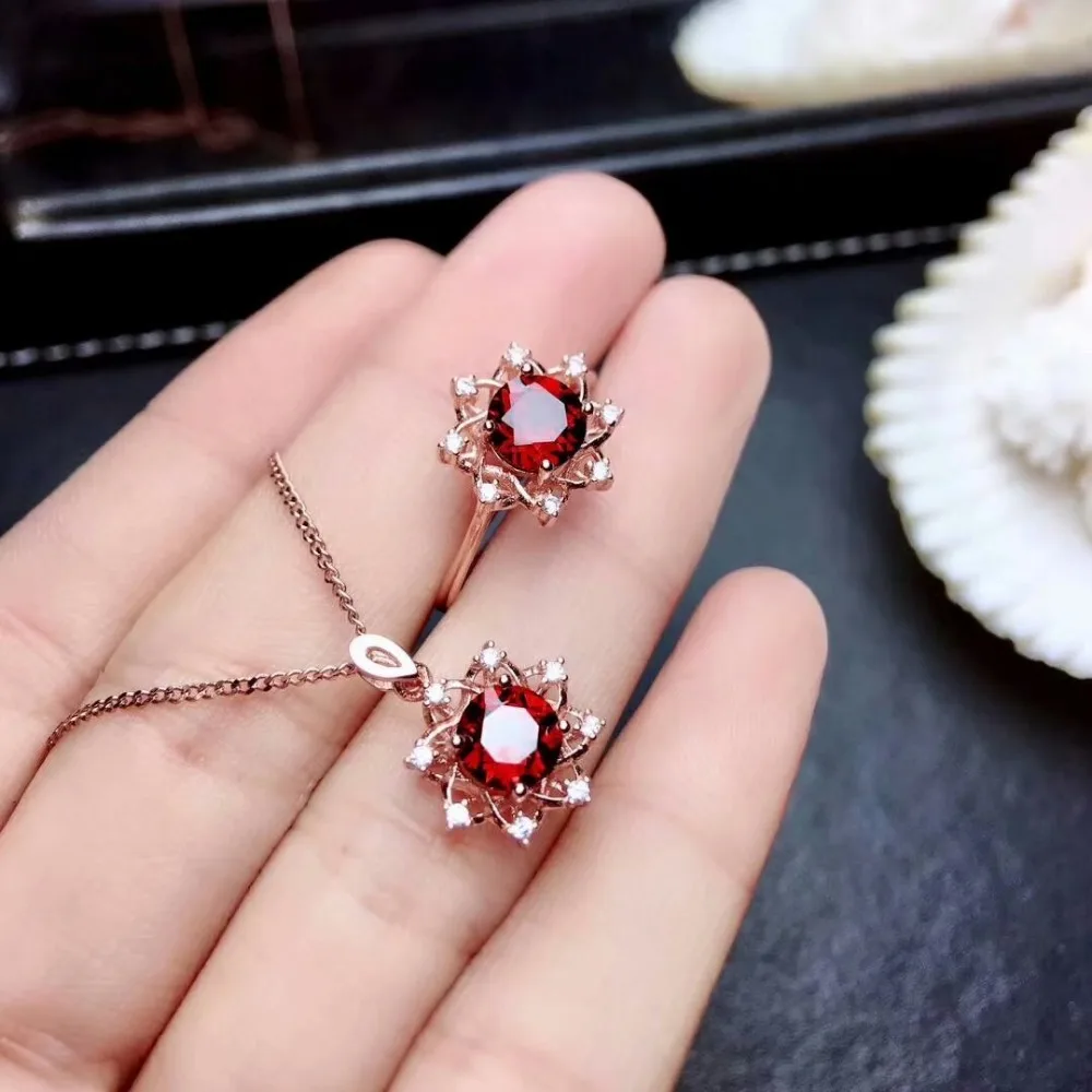 925 sterling silver real Natural garnet Jewelry Sets rings pendants send necklace fine new women wholesale gift mtz060688ags