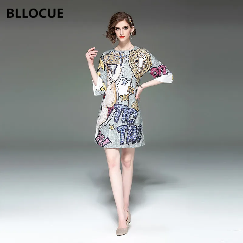 

BLLOCUE High Quality 2019 Fashion Runway Summer Women's 3/4 Sleeve Gorgeous Letter Printed Loose Vintage Dress Vestidos De Festa