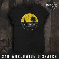 Челюсти футболка Amity ostrov хины Акула Рыбалка плакат классический фильм ужасов 2019 модная мужская футболка