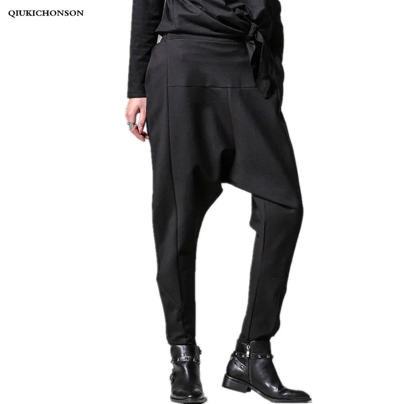 

2018 Spring women street fashion Black Harem Pants Ladies solid Elastic Waist Pockets Loose Long Cross-pants