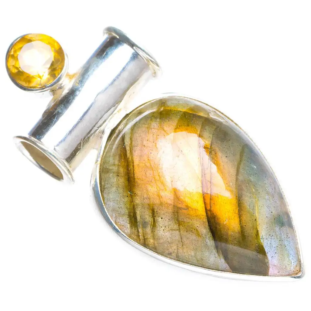 

Natural Blue Fire Labradorite and Citrine Handmade Unique 925 Sterling Silver Pendant 1.75" Y5179