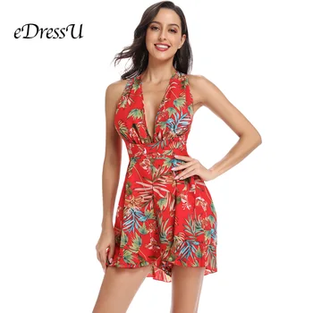 

2019 Summer Print Jumpsuits Sexy V cut Playsuits Crisscross Red Pattern Pantsuits Bohemian Holiday Beach Wear eDressU HZ-1007