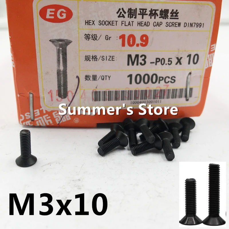 DIN 7991 M3-0.5 x 6mm Flat Head Socket Cap Screws Alloy Steel Class 10.9 Black Oxide Fully Threaded 100 PCS