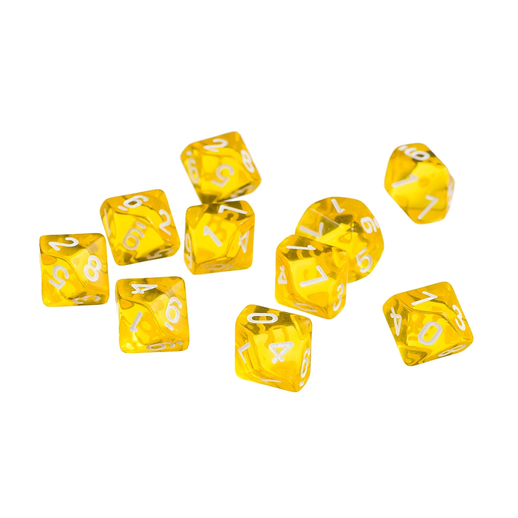 3 cm Plastic D10 Yellow Ten Sided Gem Dice for RPG Dungeons Dragons Games Set of 10 Dice