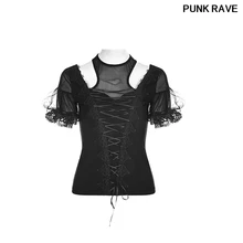 Модная кружевная лента на шнурке с разрезом пуговиц Великолепная футболка с коротким рукавом готическая Черная Новая женская футболка Панк рейв WT-490TDF