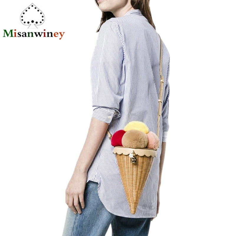 

2018 Summer Ice Cream Shape Handmade Bamboo Beach Bags Environmental Circular Basket Bamboo Bags Rural Countryside Shoulder Bags