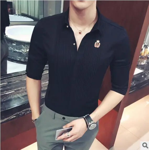 CH. КВОК три четверти мужская формальная Бизнес Сорочки для жениха черный, белый цвет бордовый Летняя мода Camisa социальной masculina 5XL 4XL 3XL - Цвет: black