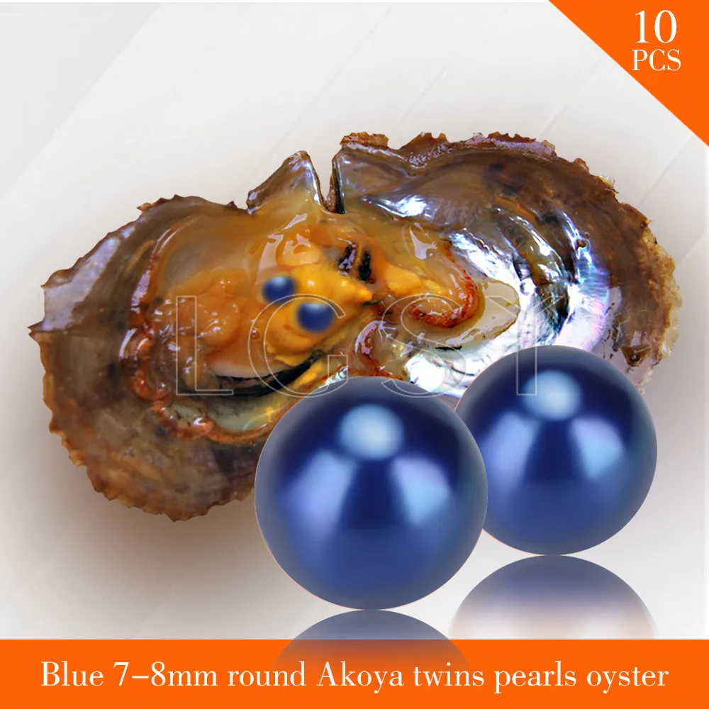 

FREE SHIPPING Bead blue 7-8mm round Akoya twin pearls in oysters with vacuum package for women jewelry making 10pcs akoya oyster