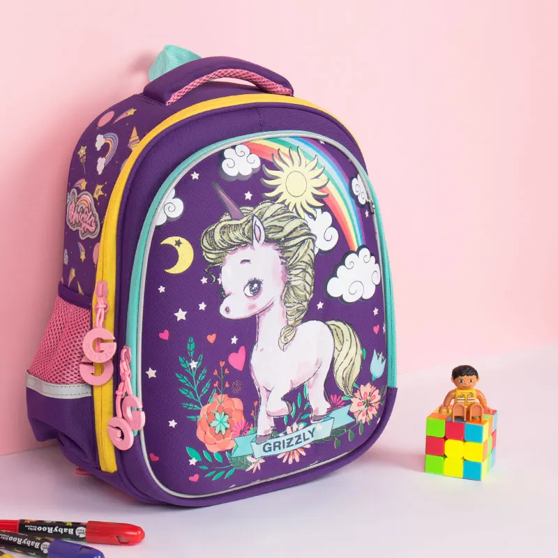 purple Мультфильм животных детская школьная сумка Дети Ортопедические Рюкзак для девочек первый класс школьные сумки с безопасности светоотражающие полосы - Цвет: purple