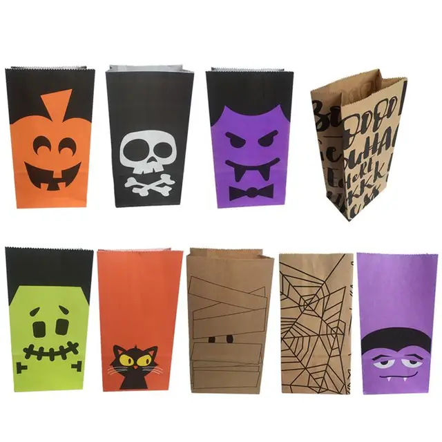 9pcs Halloween Gift Goody Candies Bags Party Favors Cookies Chocolates Biscuits Paper Bags for Kids Festival Celebration
