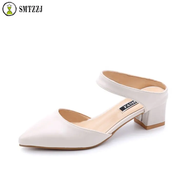 

SMTZZJ Women pointed Pumps Work Shoes Slip On Square Heel office lady Side Hollow PU Leather Dress Shoes Female sandals mujer