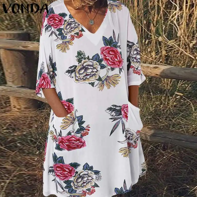 VONDA женские летние короткие платья винтажные с v-образным вырезом с коротким рукавом с цветочным принтом мини платья богемные Vestido Большие размеры Robe Femme