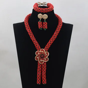 

Trendy Teal Green Mix Red Bridesmaid Costume Jewelry Set African Crystal Beaded Rope Necklace Set Free Shipping WD834