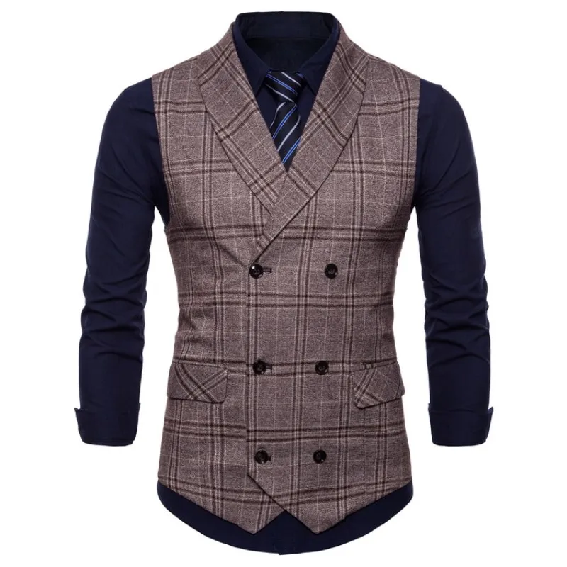 Brown Double Breasted Vest Suit Mens Vests Striped Slim Fit Waistcoat