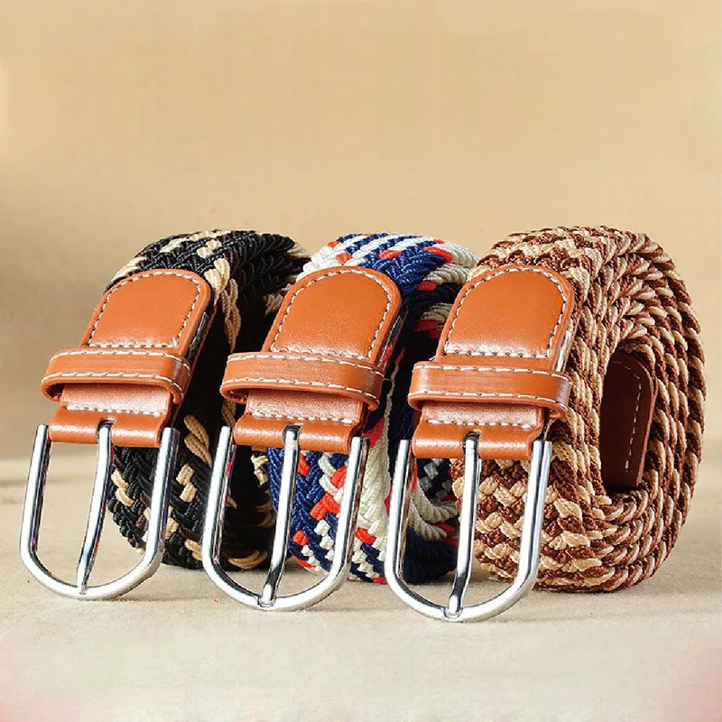 

110cm Casual Stretch Woven Long Belt Women Man Elastic Belts For Jeans Dress Square Pin Buckle Waist Belt Student Belts Gift