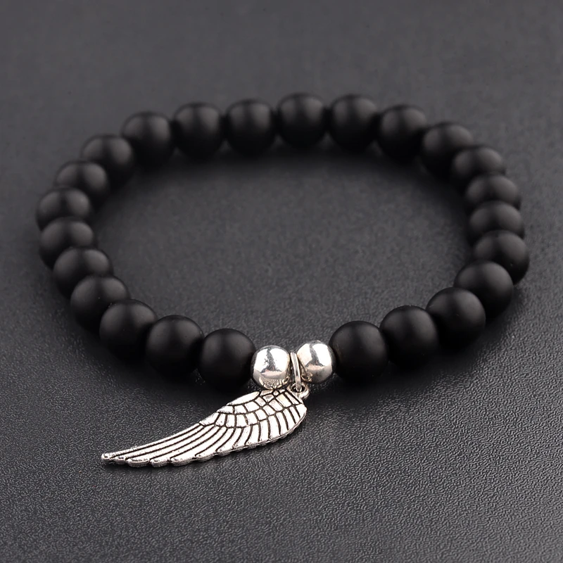 

Amader 2019 Silver Wing Shape Shape Natural Stone Beads Bracelet Homme Men Women's Handmade Black Bracelets Dropshipping AB246