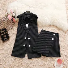 2018 summer new female Suit collar vertical stripes double-breasted long vest jacket culottes fashion suit women’s 3 piece sets