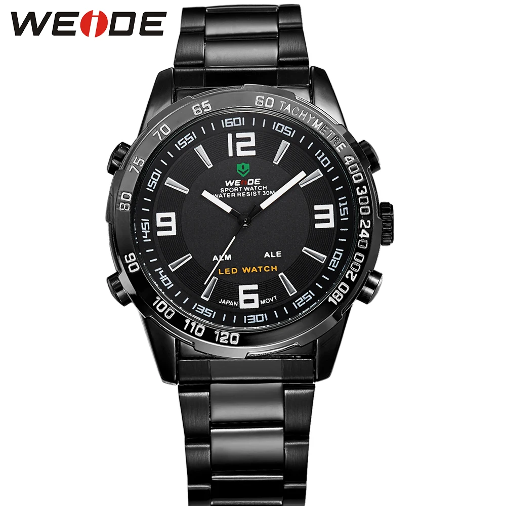 

WEIDE LED Back Light Analog Alarm Date Multi functional Quartz Full Steel Watch Military Sports Watches Water Resistant