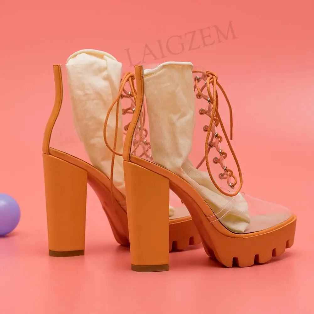 LAIGZEM FASHION Women SUMMER Transparent Clear Ankle Boots Chunky Heels Short Boots Ladies Botines Mujer Small Big Size 33-41 (13)