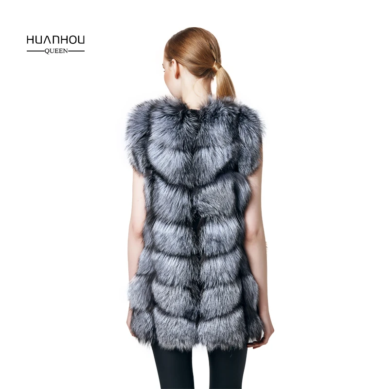 Huanhou queen real silver fox fur vest women\'s and girl\'s with high quality full pelt,warm fashion slim.