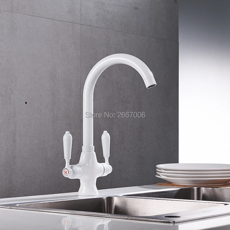Free Shipping White Painted Faucet Swivel Spout Double Handles Control Bathroom Kitchen Vanity Sink Mixer Tap