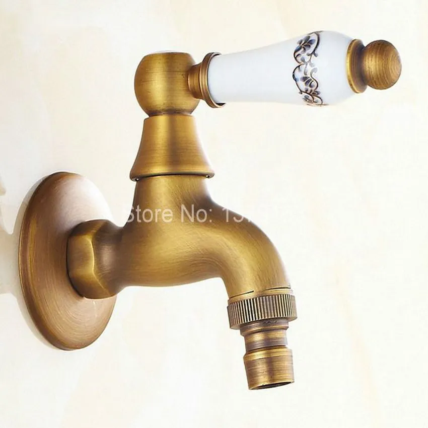 Antique Brass Single Ceramic Flower Pattern Handle washer faucet wall